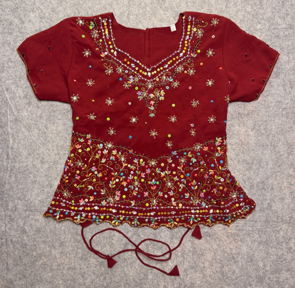 Womens M Maroon Indian Embellished Sequin Beaded Short Sleeve Top Back Tie Boho